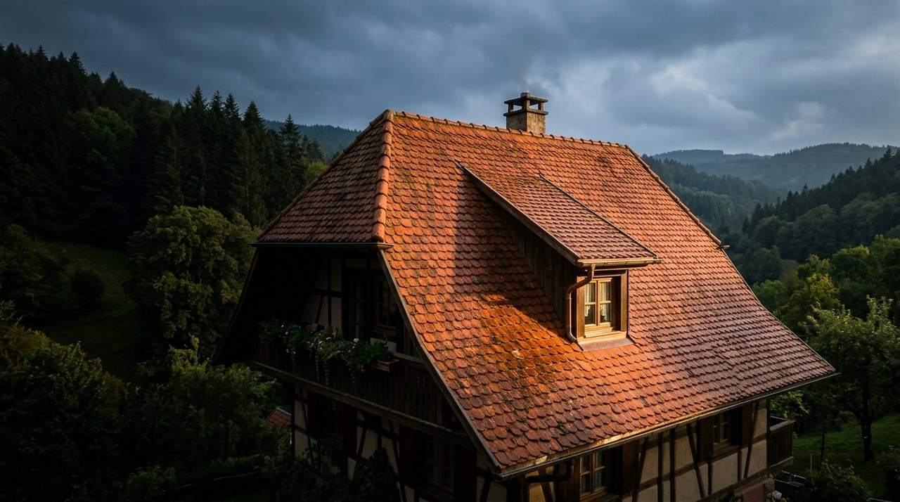 Frisch gereinigtes Ziegeldach eines Wohnhauses