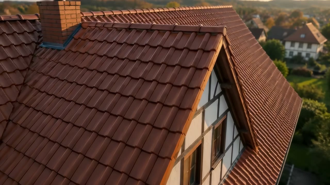 Rotes Ziegeldach mit Schornstein in Bad Krozingen aus der Vogelperspektive