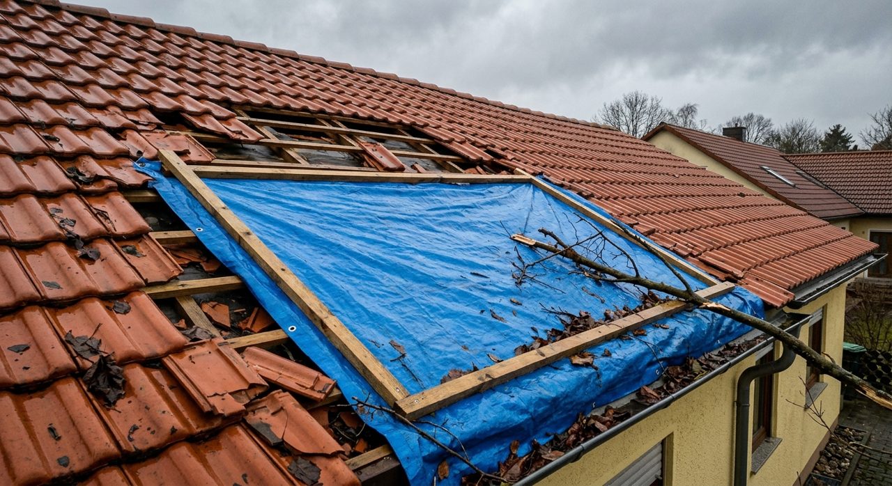 Gesichertes Dach nach Sturmschaden in der Region Freiburg